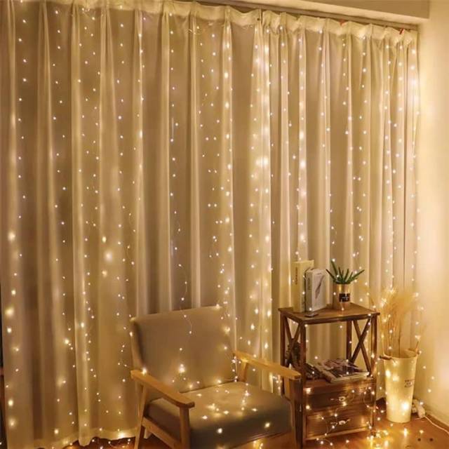 Cortina lluvia luces led calida decoracion 3x3mts