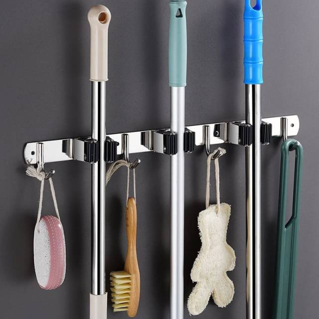 Soporte para escoba de pared acero inoxidable con ganchos
